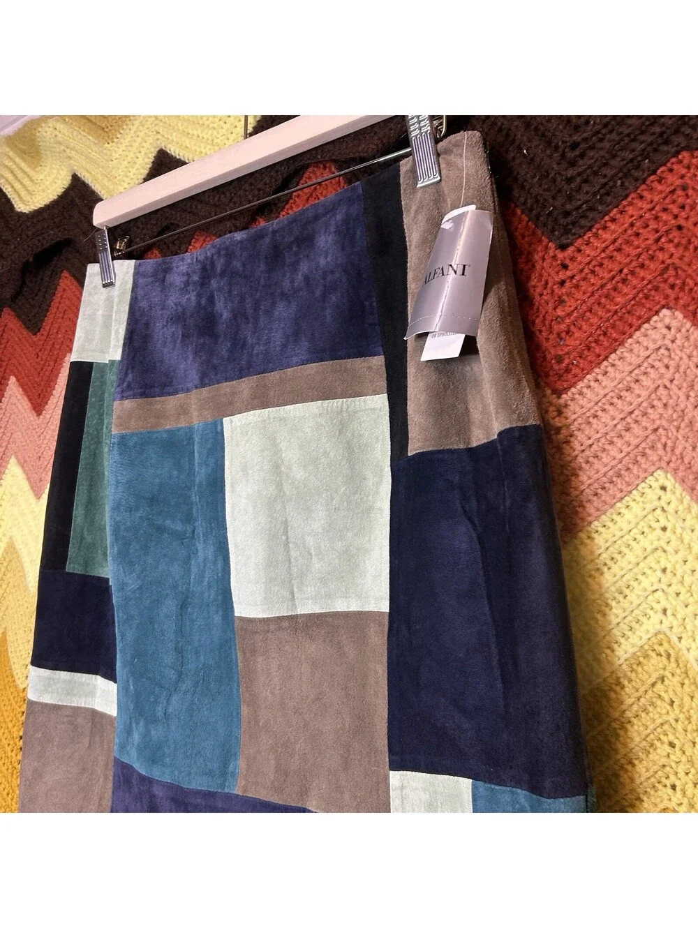 Rare Alfani Suede Leather Vintage Y2K Boho Multicolored Skirt (Sz 10) Patchwork
